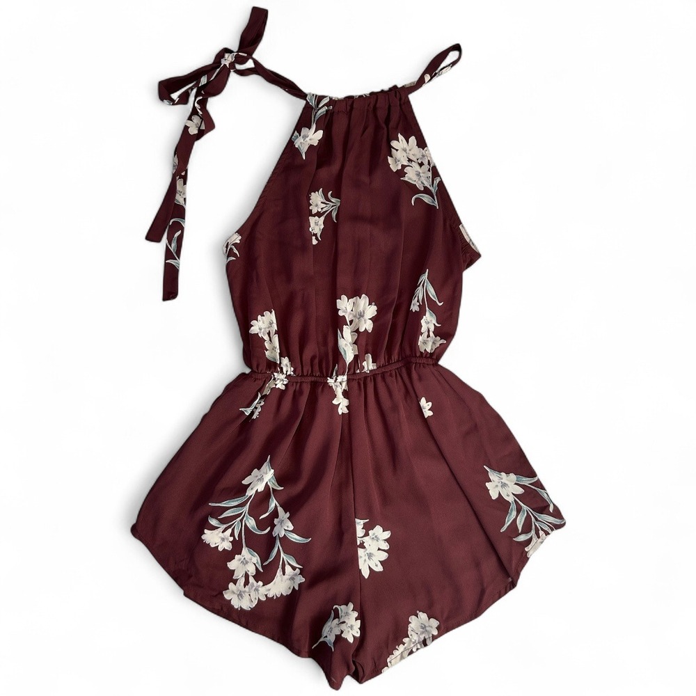 Audrey 3+1 Floral Romper Small Halter Neck Tie Strap Burgundy Boho Summer - Picture 2 of 4
